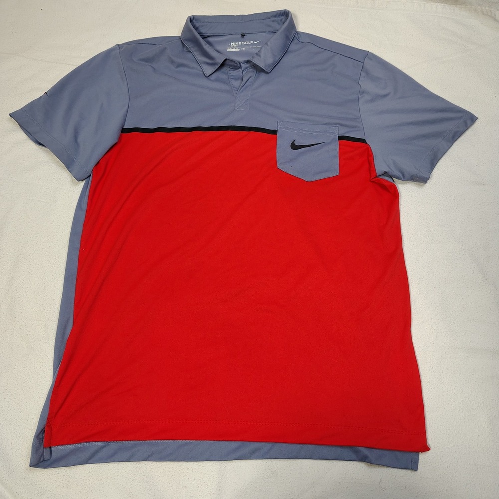 Nike Golf Polo Shirt Mens Large Grey Red Dri-FIT Colorblock Pocket 585809-500